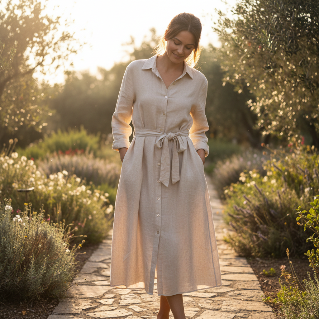 Ripstop field coat in olive, belted at waist, model outdoors in grey overcast light
