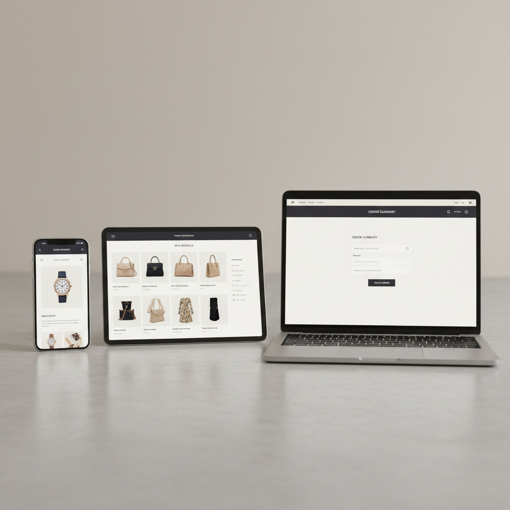 Luxury e-commerce website redesign with product photography and streamlined checkout flow on multiple devices