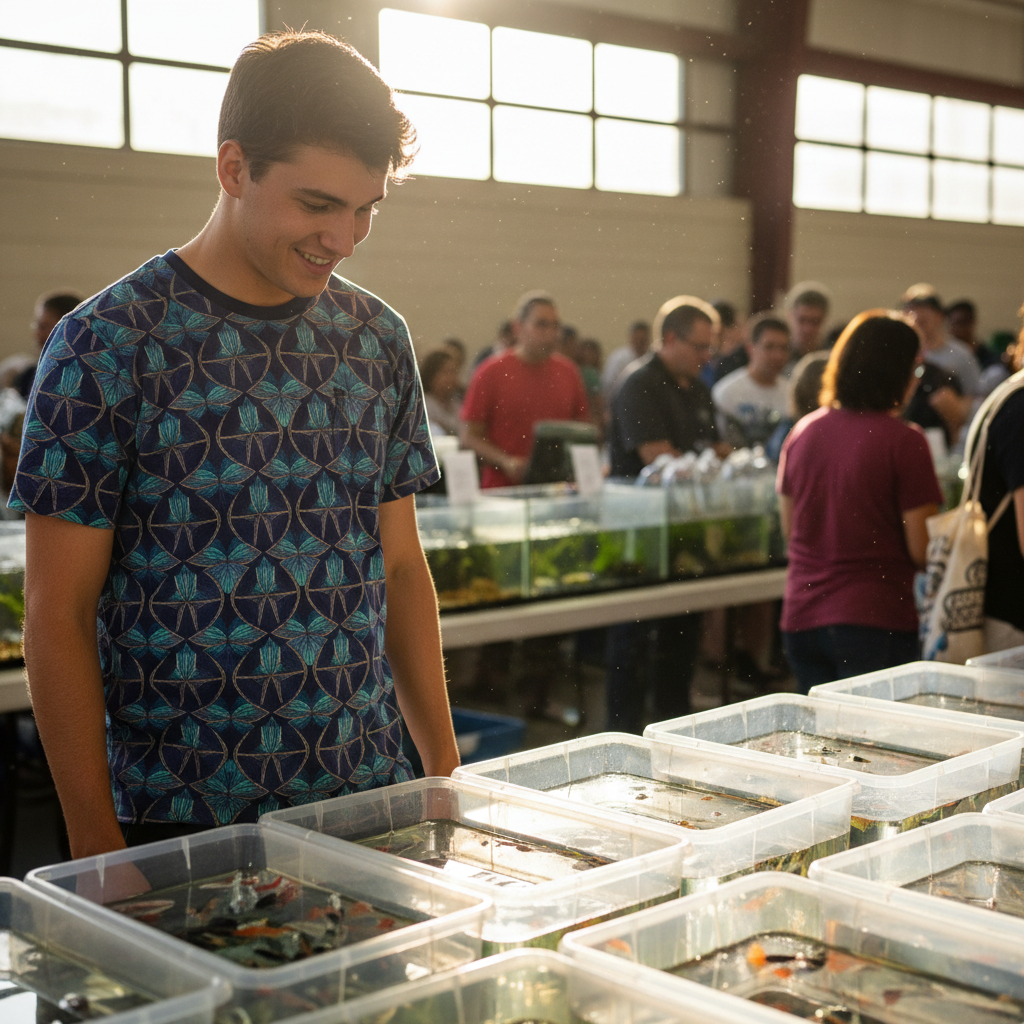 Fish swap attendee wearing betta tessellation tee