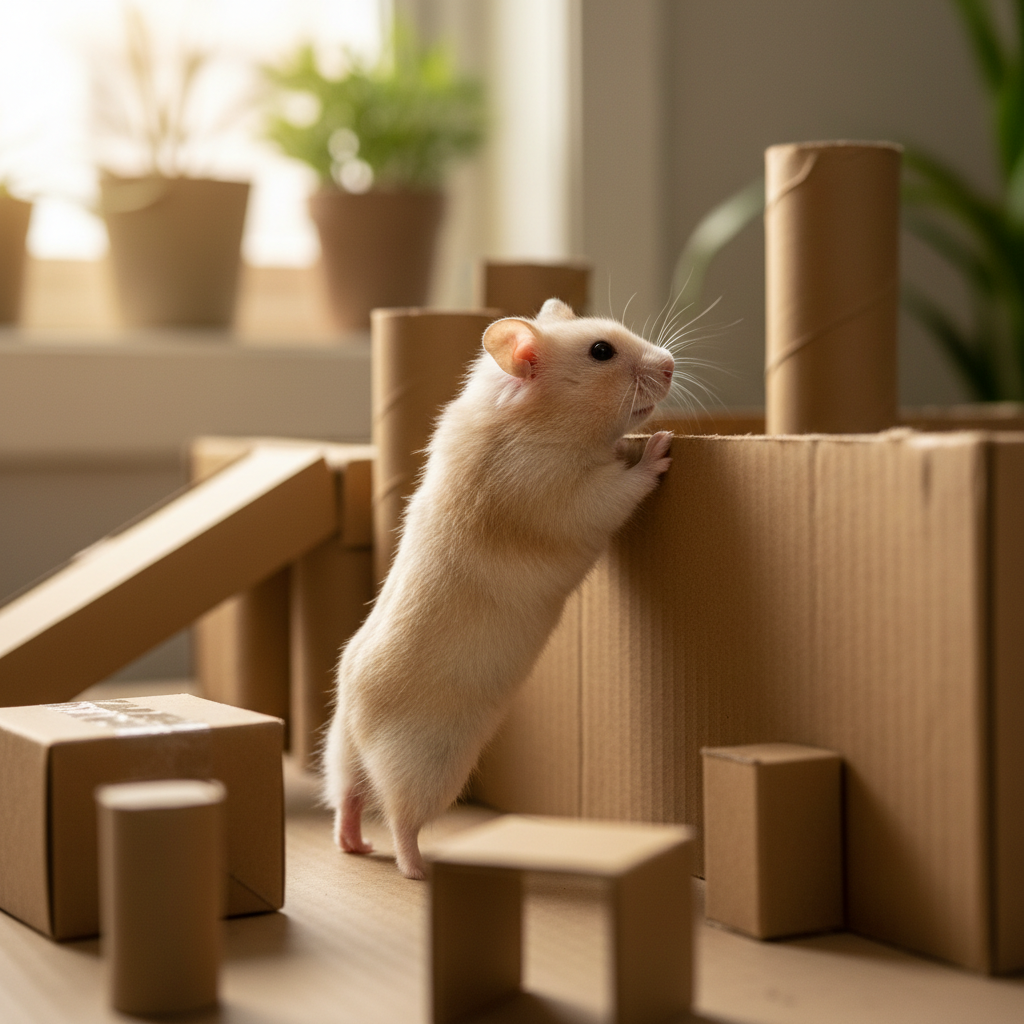 Hamster Mochi standing on hind legs mid-escape from a tiny cardboard obstacle course