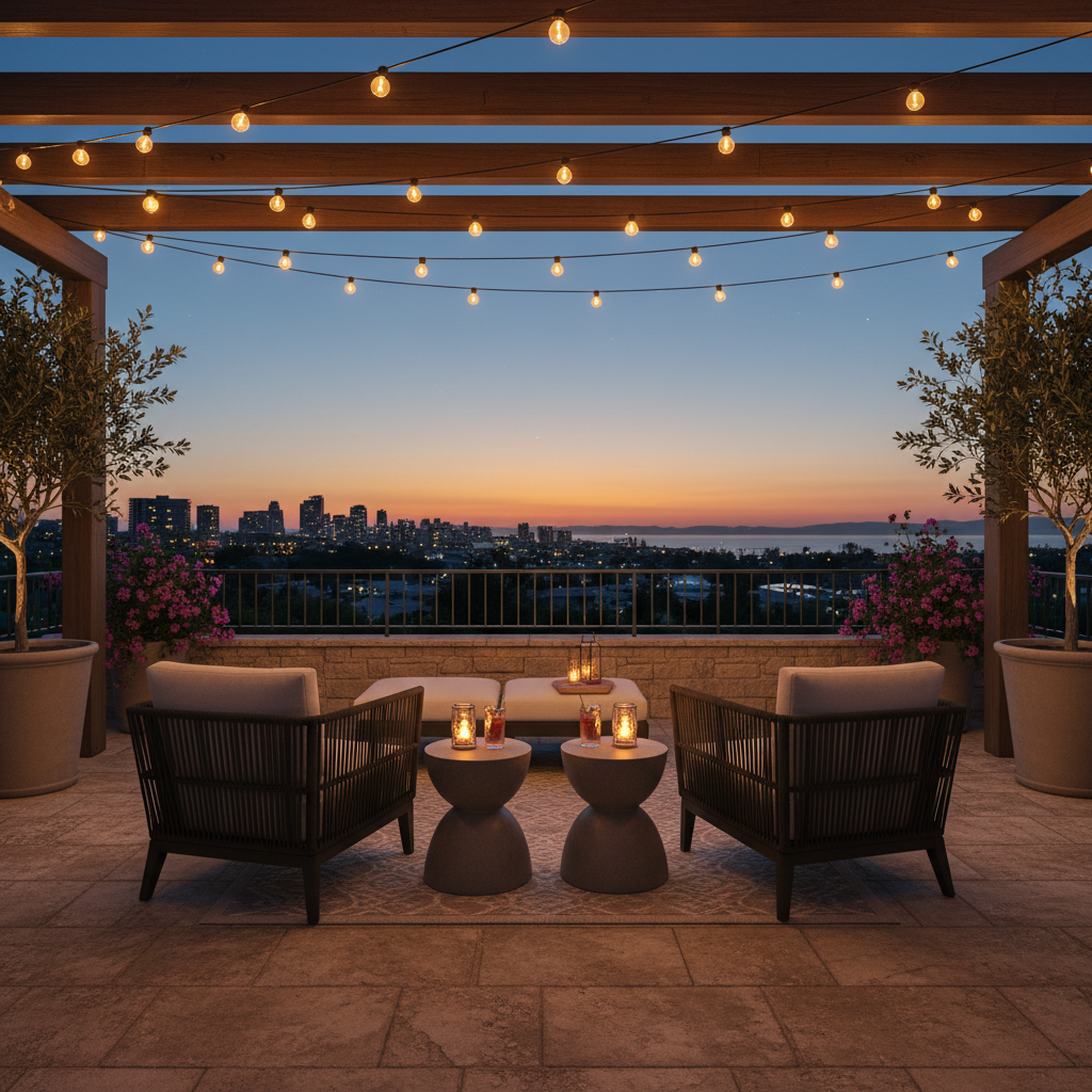 Outdoor lounge chairs with side tables on a private residential terrace at dusk, string lights overhead