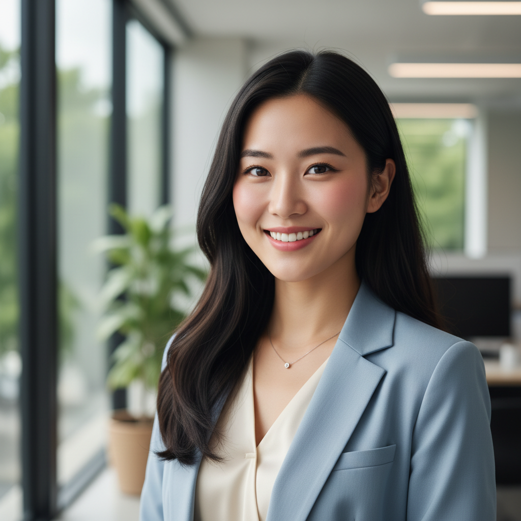 Professional headshot of Asian woman with long dark hair in business attire smiling confidently