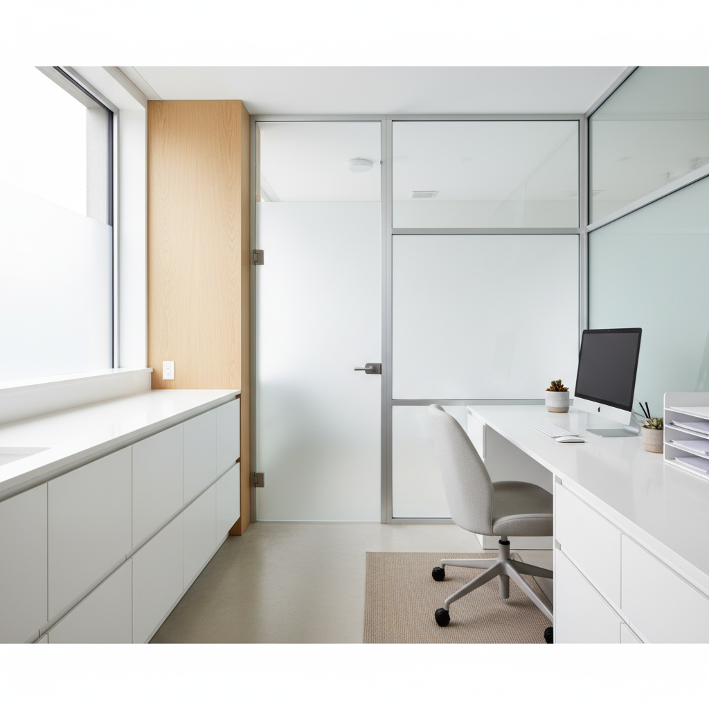 Clean bright modern financial office with natural light, professional workspace environment, clear glass walls
