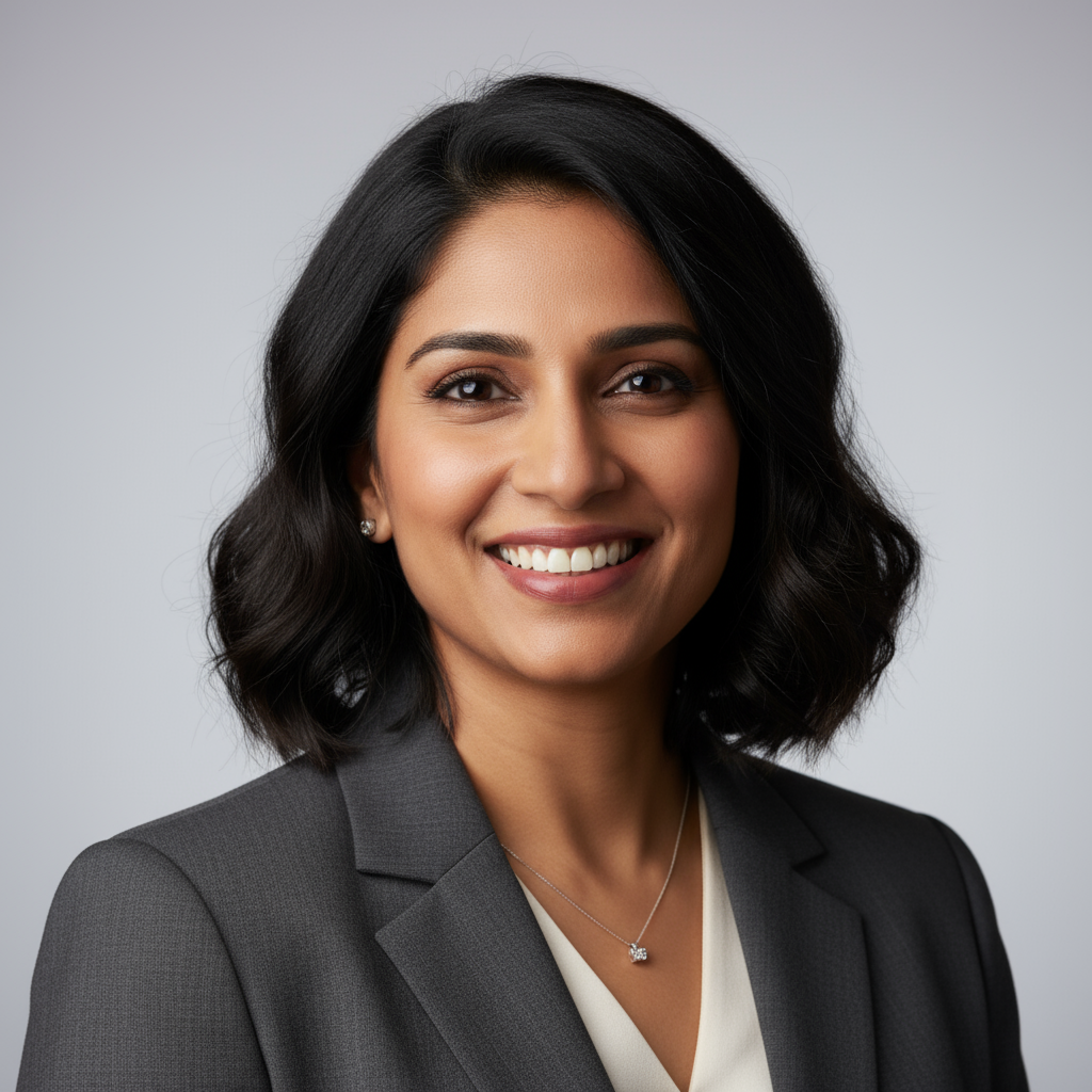 Smiling South Asian woman in professional setting, warm and approachable expression