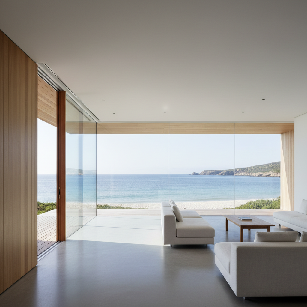 Interior view of minimalist cliff house with floor-to-ceiling ocean windows at sunset