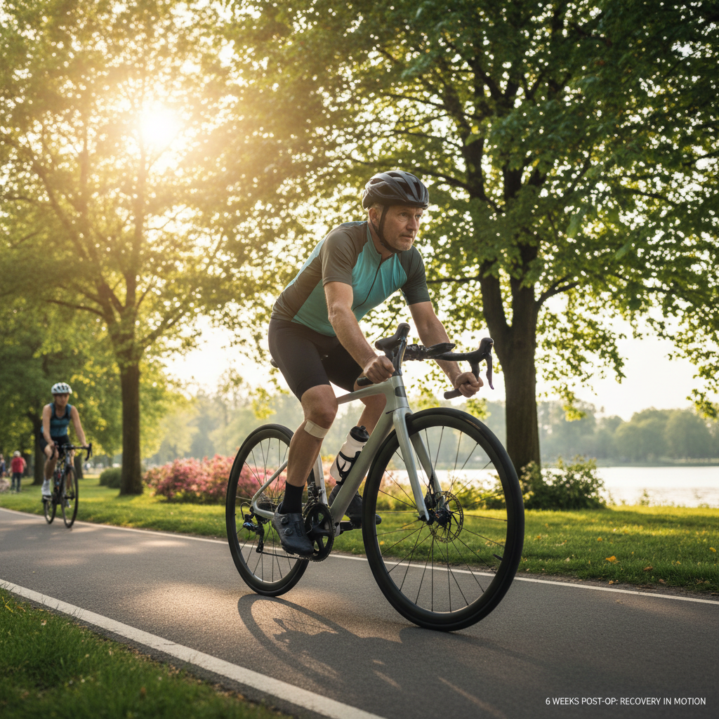 Active patient cycling outdoors six weeks after joint replacement surgery