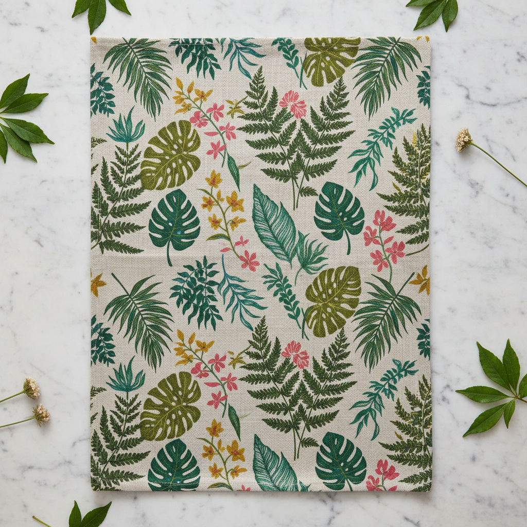 Botanical screen-printed tea towel flat lay on marble