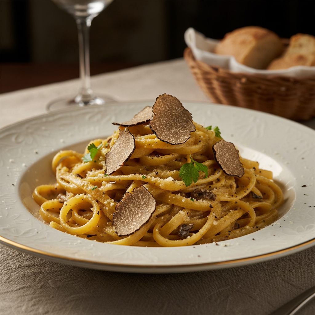 Artfully plated pasta dish with truffle shavings and herb garnish on white plate