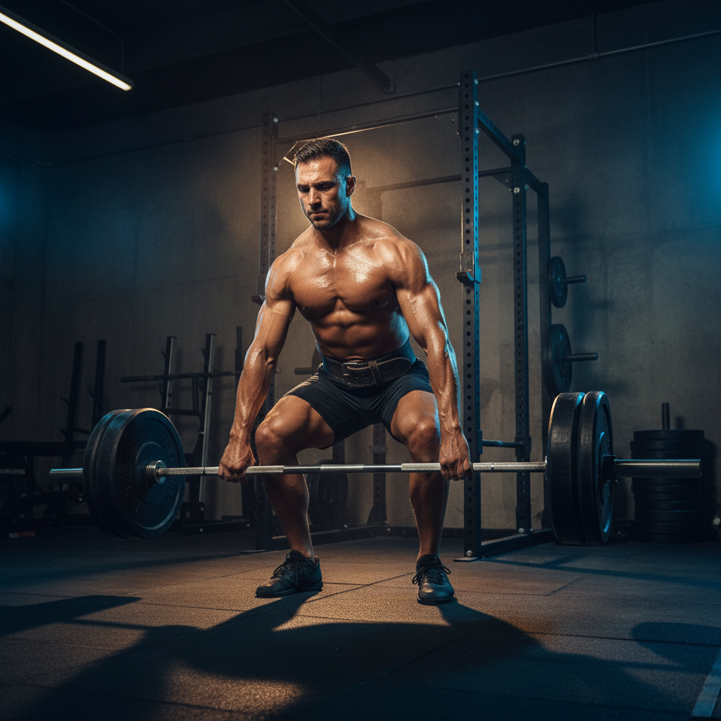 Athlete lifting weights in moody gym with dramatic overhead lighting, dark concrete walls, low-key cinematic atmosphere