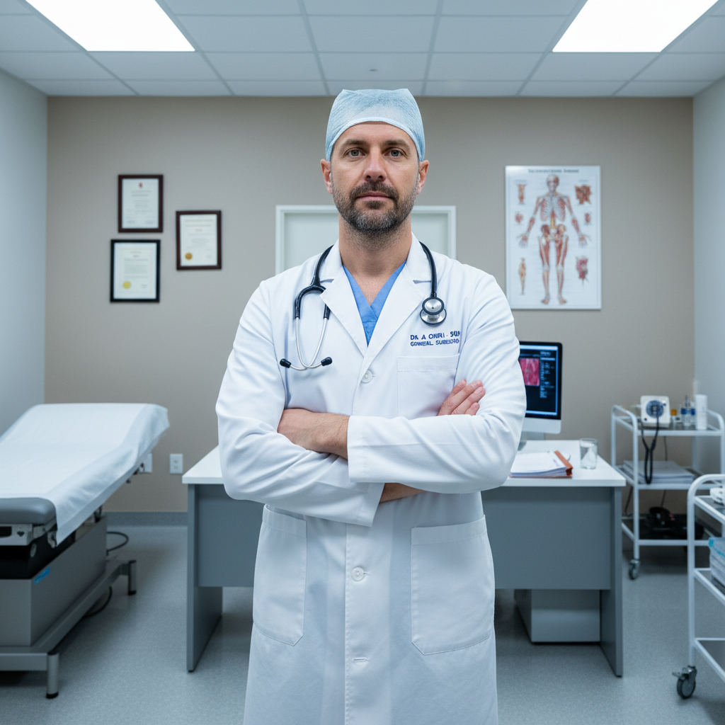 Male surgeon in white coat standing in well-lit consulting room with neutral expression
