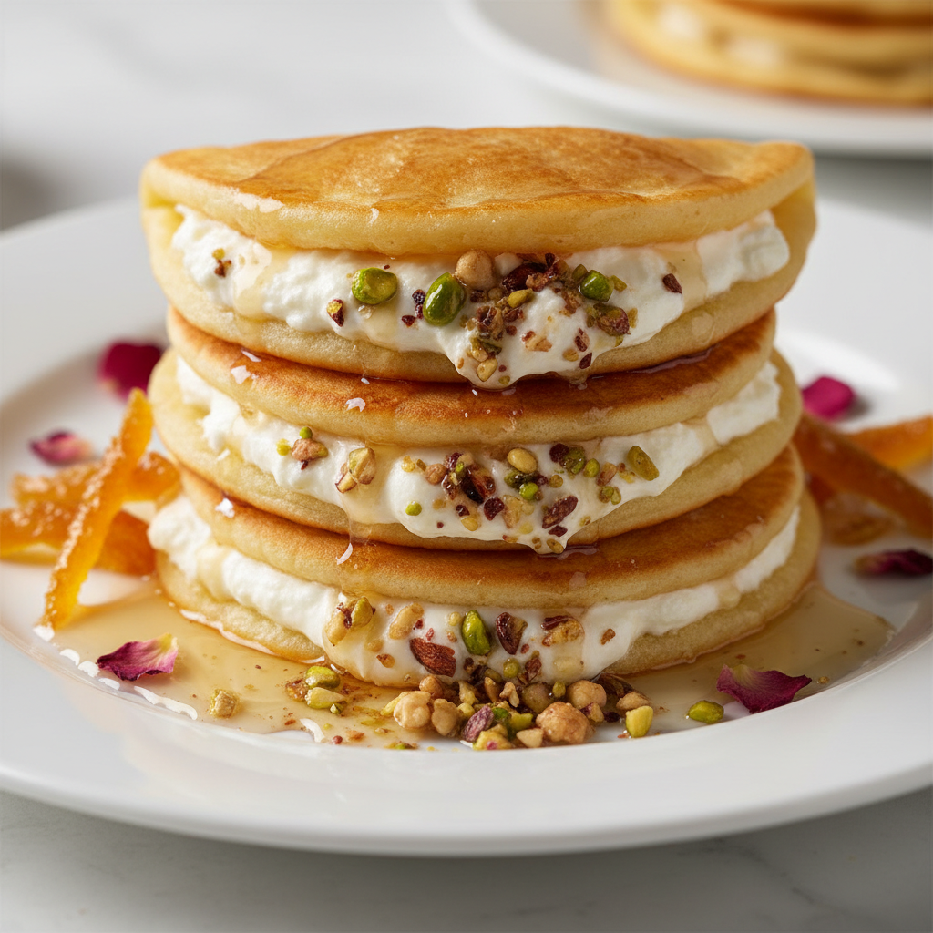 Folded Arabic pancakes filled with sweet cheese or nuts, fried until golden and drizzled with syrup