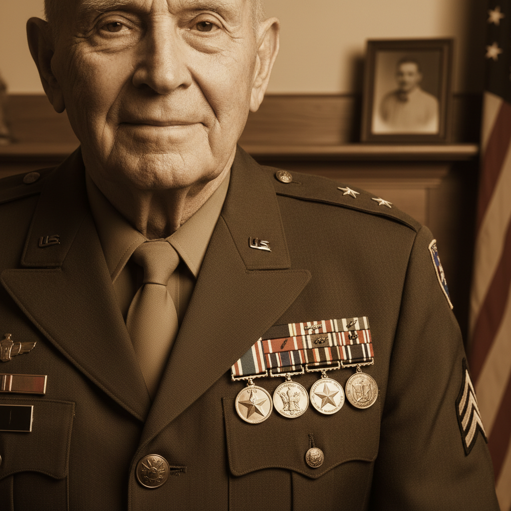 Elderly military veteran in uniform, sepia-toned portrait, medals visible, dignified expression