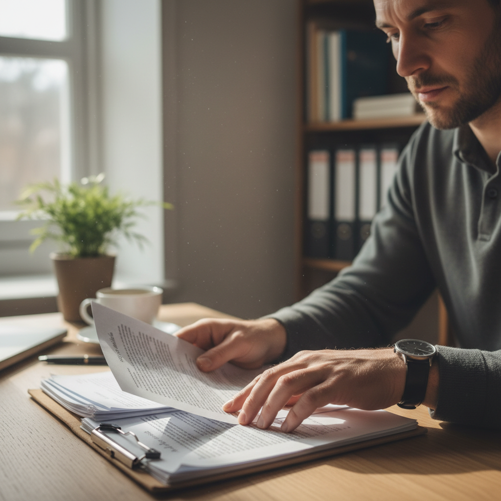 Person reviewing documents at a desk with natural light from a window, hands visible on papers