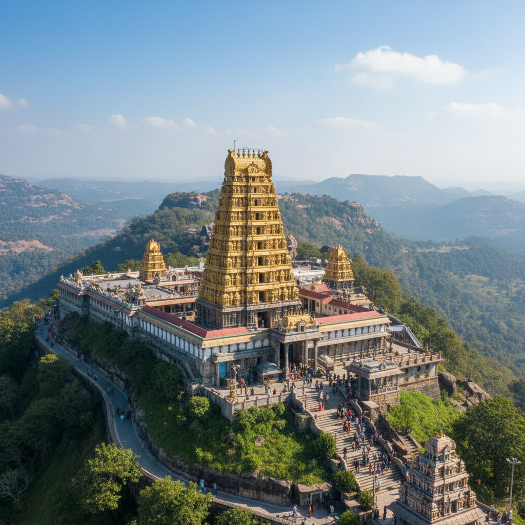 Tirupati temple complex, ornate gopuram, pilgrims, golden light, sacred atmosphere