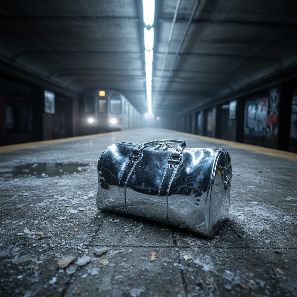 Chrome hardware bag on a winter subway platform under harsh fluorescent lights