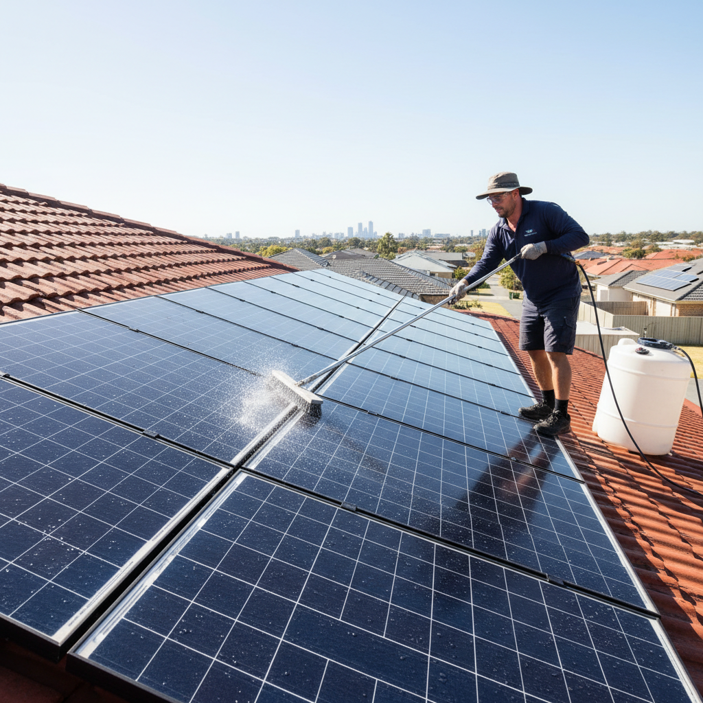 Professional technician cleaning commercial solar panels with equipment, systematic row-by-row cleaning approach