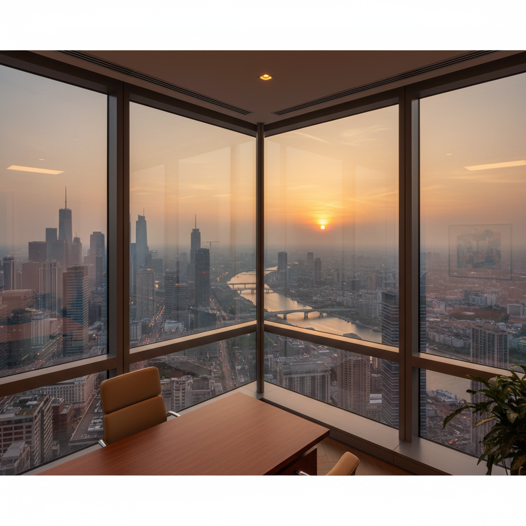 Corner office view with city skyline at dusk through panoramic glass