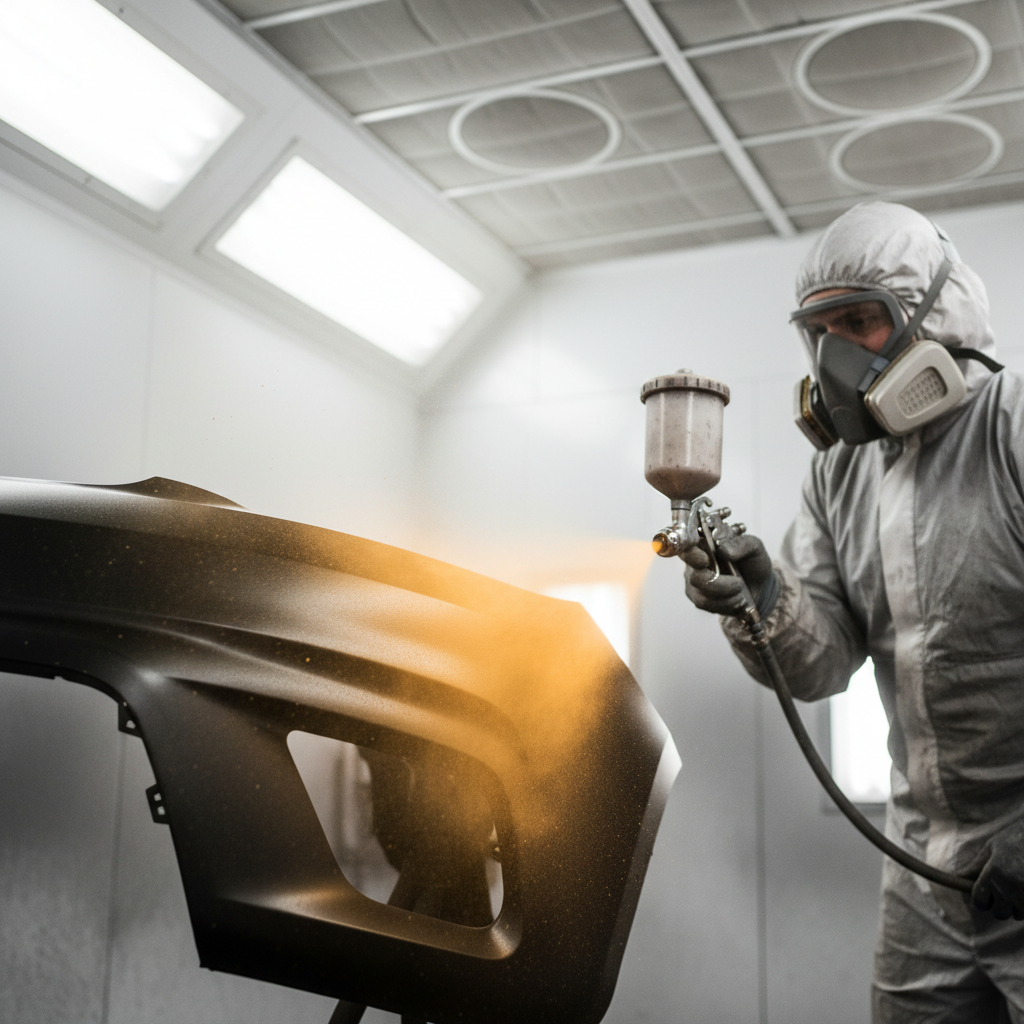 Painter applying base coat to bumper, color fanning out in amber-toned mist under booth lights