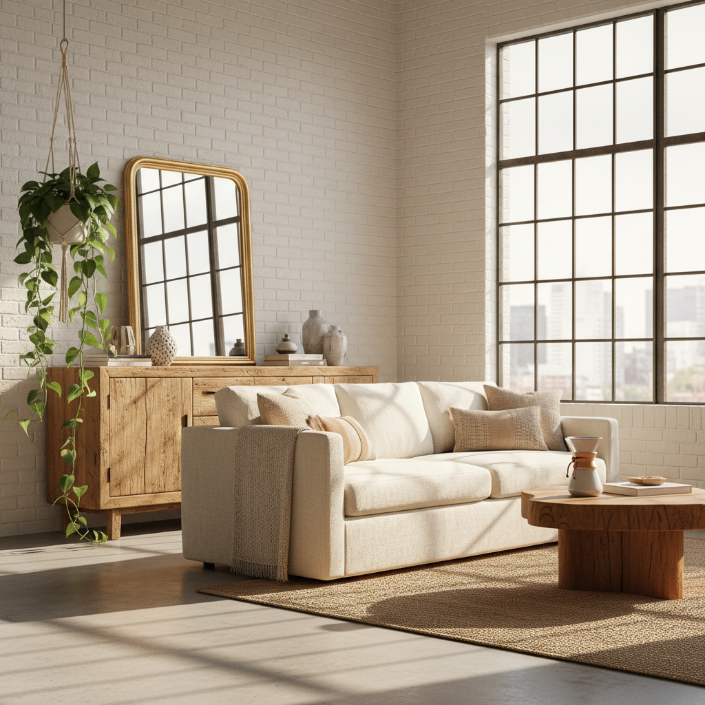 Staged living room with reclaimed oak credenza, linen sofa, and trailing pothos plant