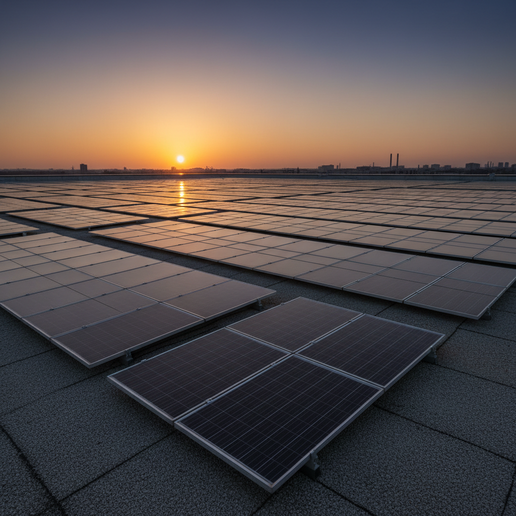 Commercial solar panel array on rooftop at civil twilight, panels receding in perspective toward amber horizon