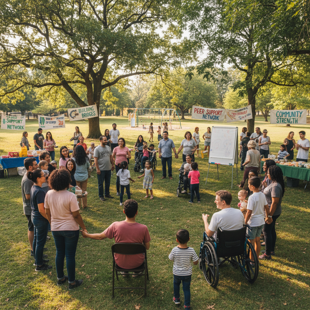 Diverse group of young adults holding hands in a prayer circle outdoors in a park setting on a sunny day