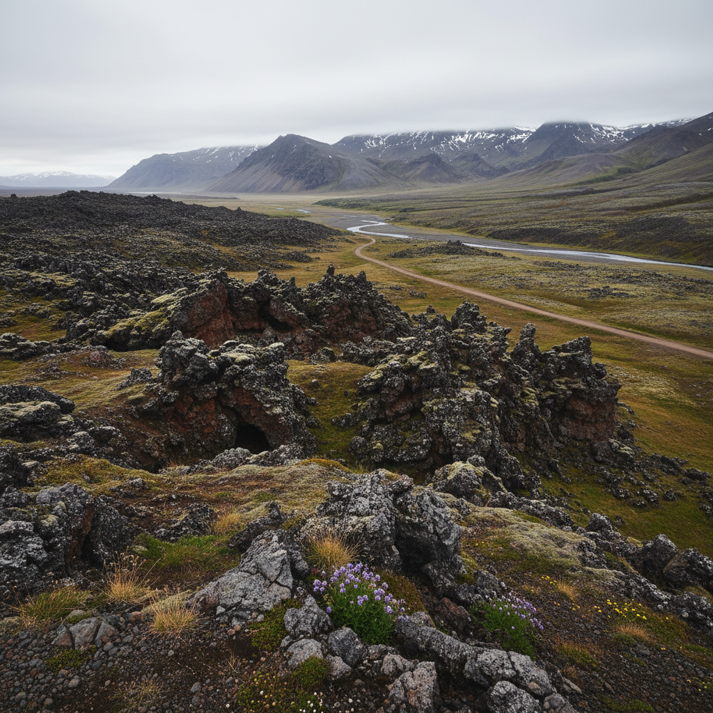 Vast Icelandic highland plateau with volcanic black lava fields and distant snow-capped peaks
