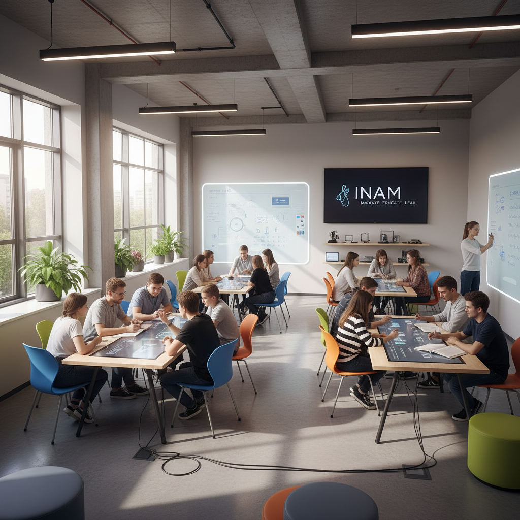 Students in a bright modern school classroom engaged in learning — representing institutional transformation in education