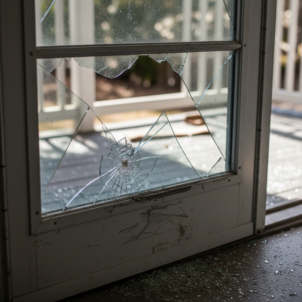 Shattered residential sliding glass door with broken frame