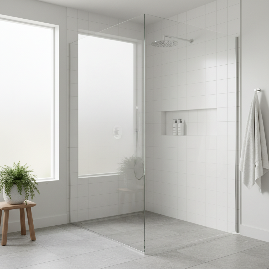 Sparkling clean glass shower screen in a modern Australian bathroom with no calcium deposits