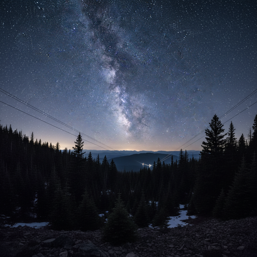 Night sky over mountain forest with stars visible, representing the Night Flight zip line experience
