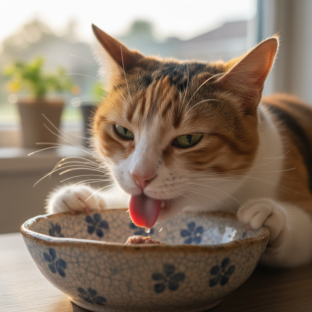 Cat eating from a ceramic bowl on a wooden surface in warm morning light