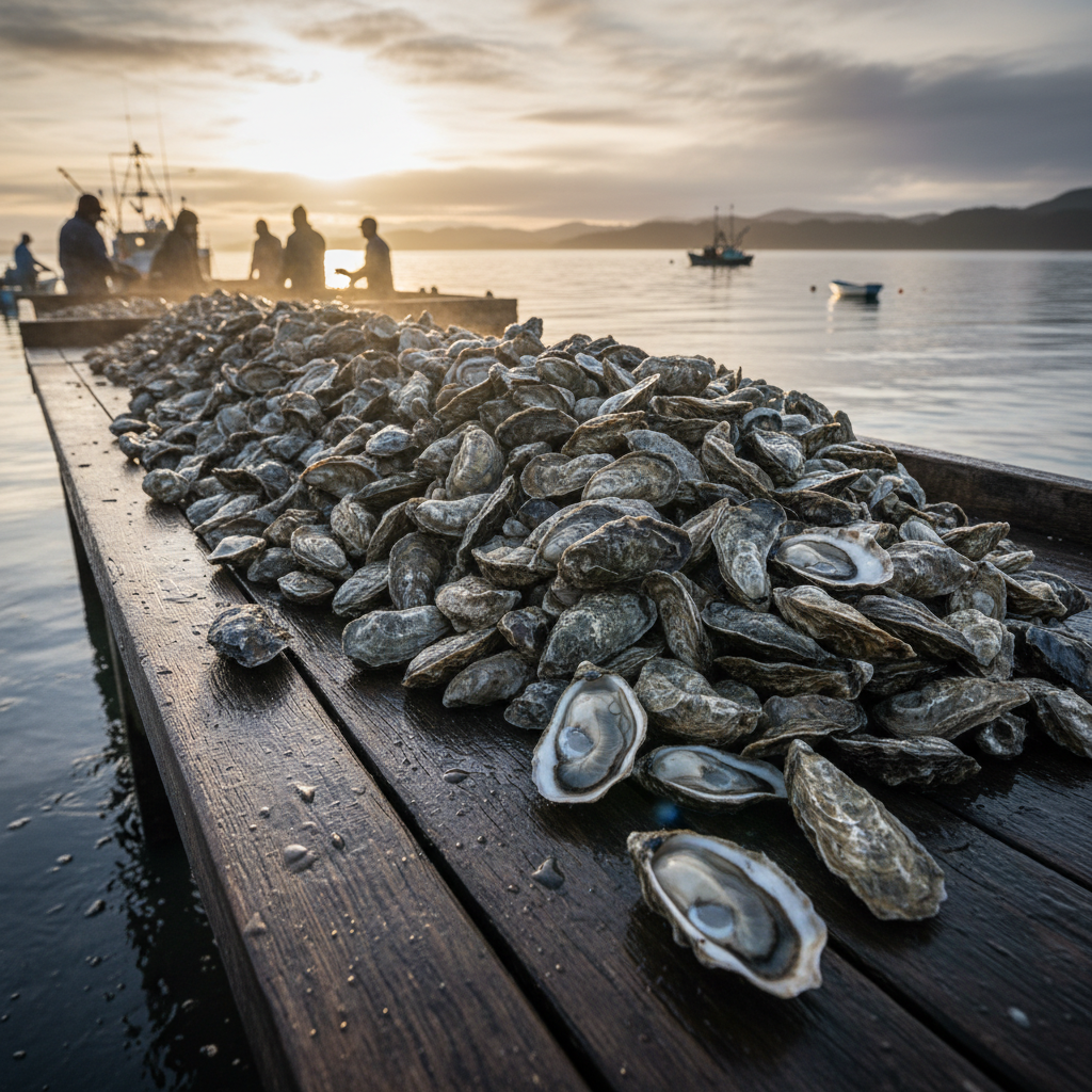 Harvested oysters piled on a dock sorting table in early morning light with water dripping from shells