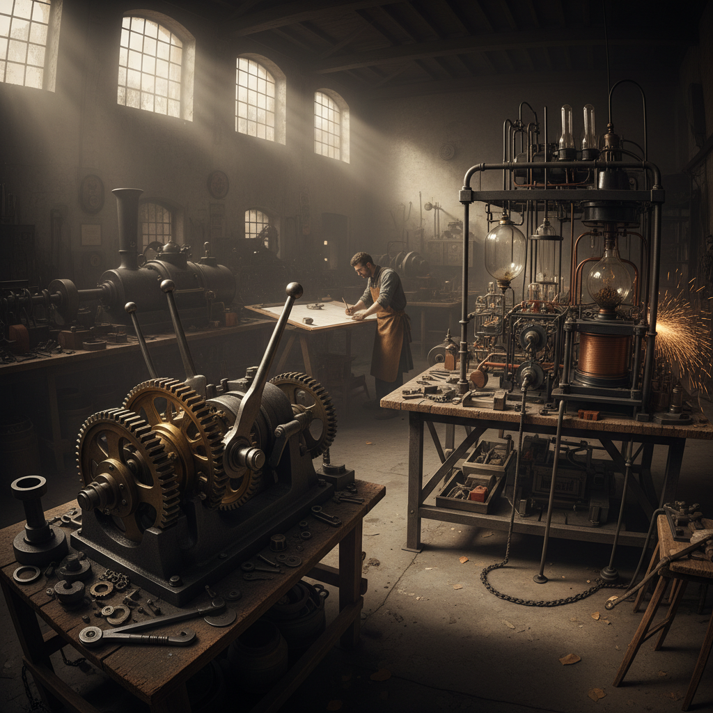 Early internal combustion engine mechanical components in dark workshop, low-key lighting on brass and steel machinery