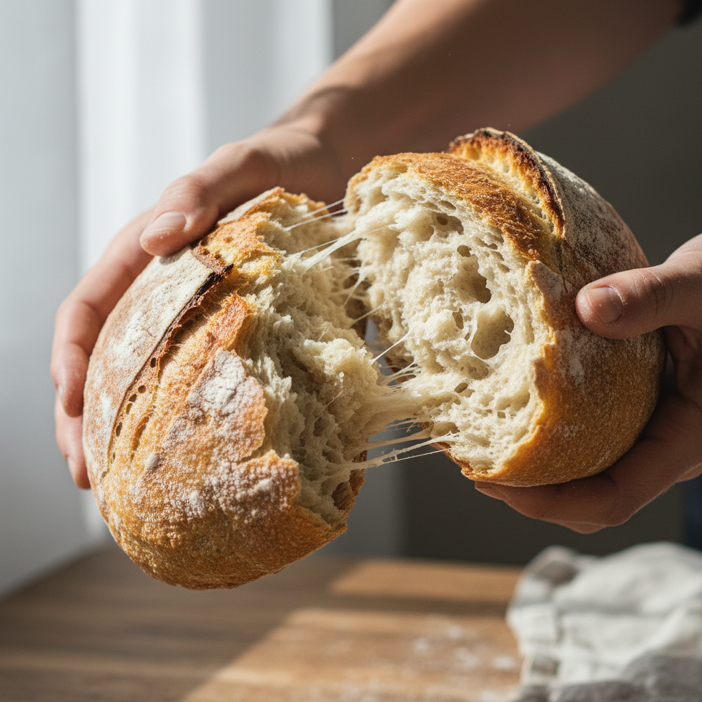 Close-up of hands tearing sourdough bread over smoked carrot dip