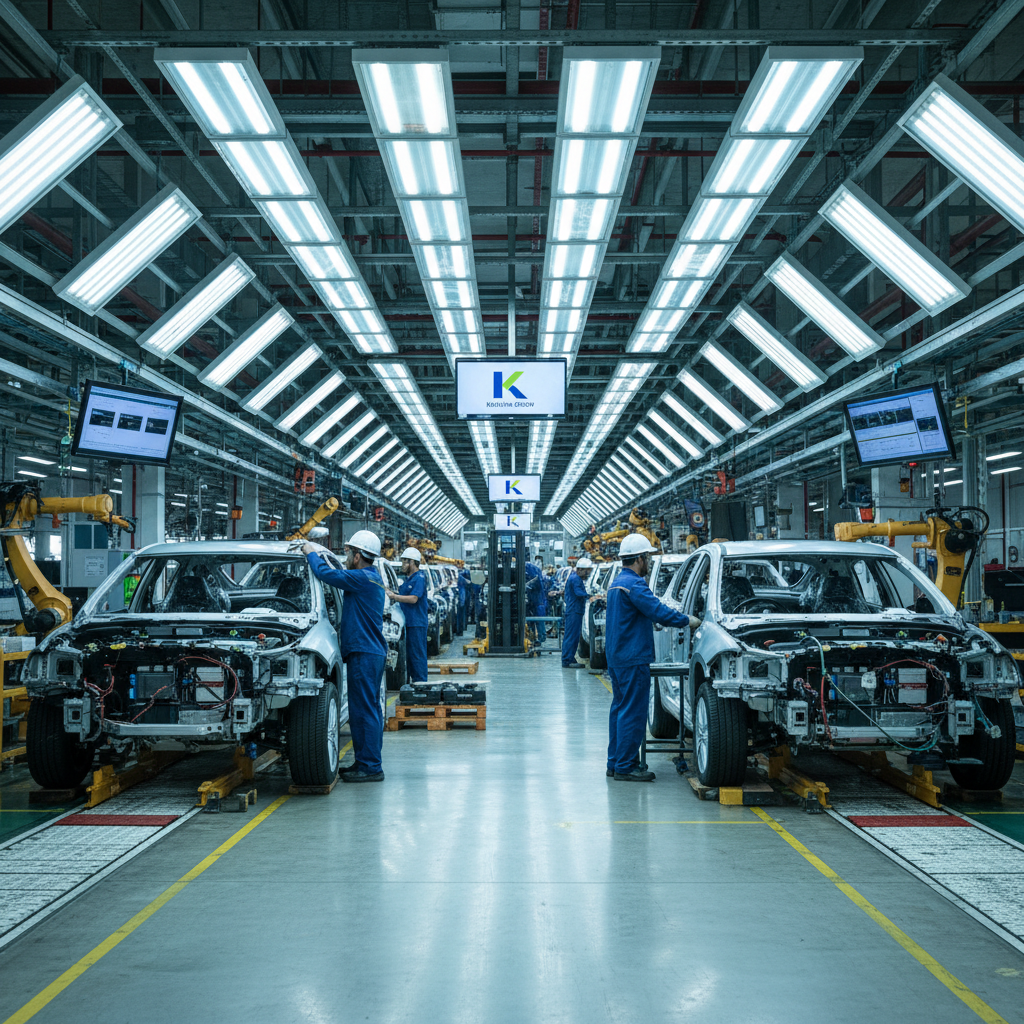 Automotive factory worker on a modern vehicle assembly line — global manufacturing operations