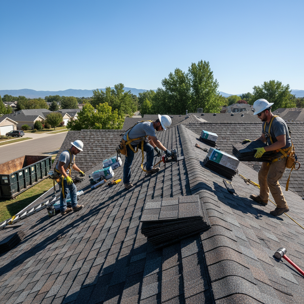 Residential home with newly installed charcoal asphalt shingle roof, Calgary suburb, clear sky
