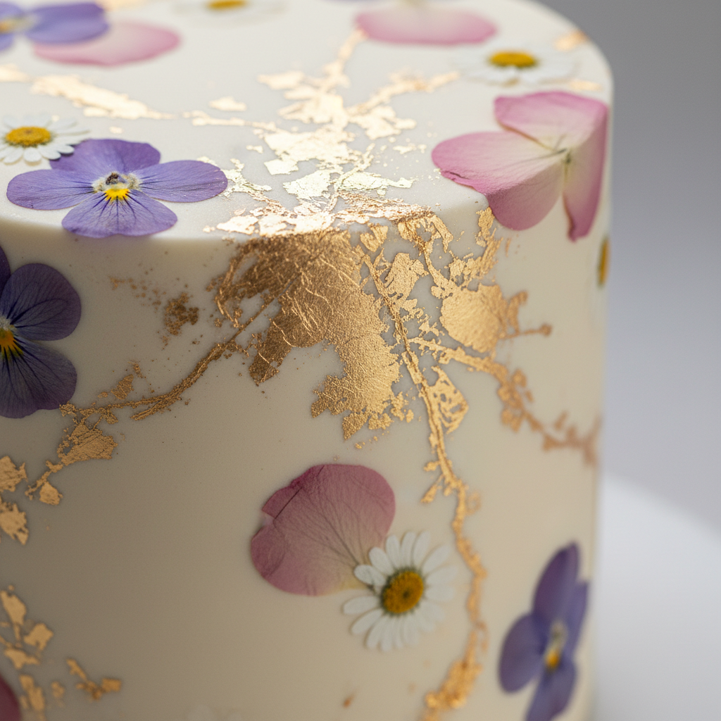 Close-up of a cake decorated with pressed dried flowers, gold leaf flakes, and delicate botanical illustrations on ivory fondant