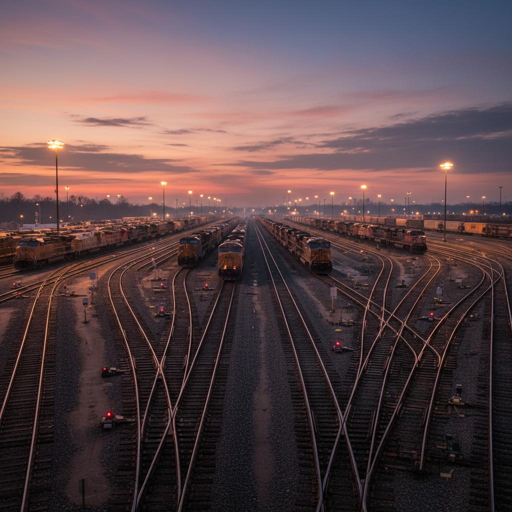 Classification yard at dusk with illuminated switches and locomotive consists stretching into the horizon