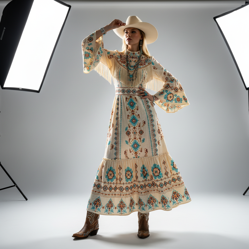 Chic contemporary western midi dress in a minimalist bright studio, clean modern aesthetic