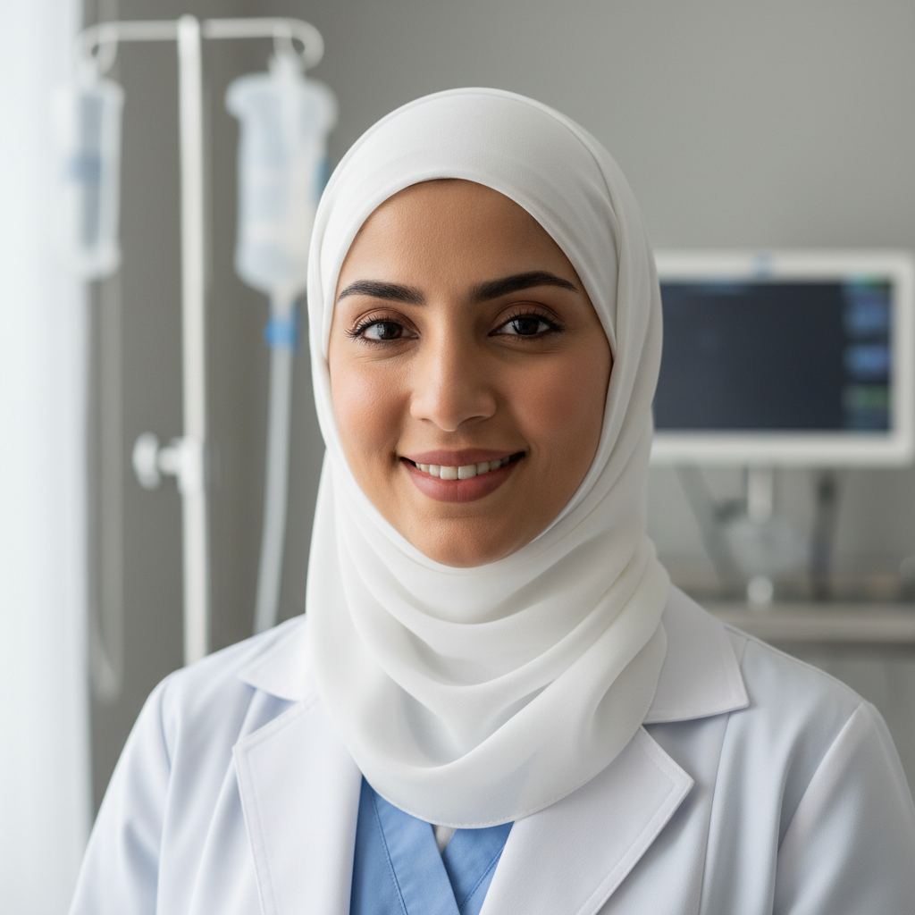 Female doctor with hijab smiling warmly in clinic