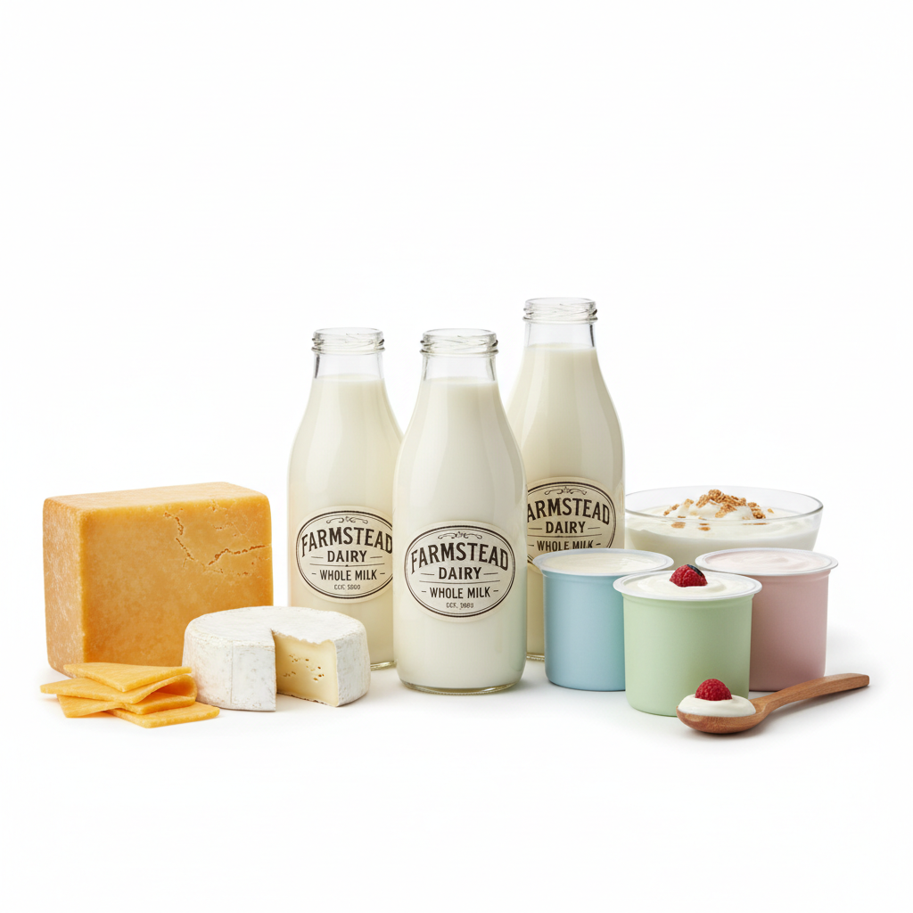 Dairy products including milk bottles and yogurt containers on clean white background