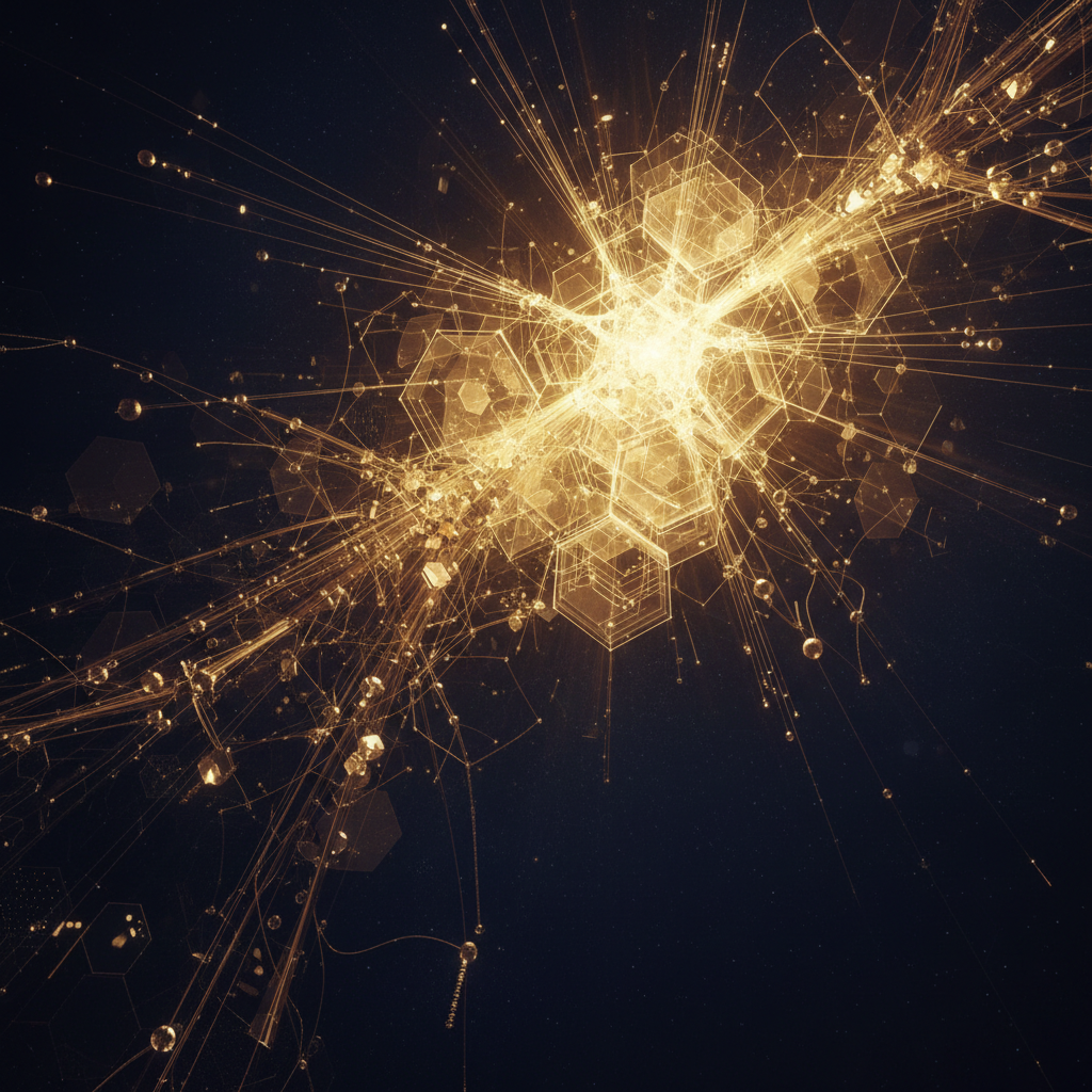 Dark neural network visualization with glowing blue nodes on black background, deep atmospheric lighting