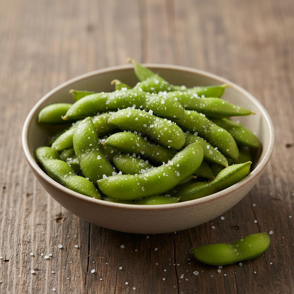 Edamame pods attached to green branch in traditional Japanese presentation style, natural green foliage background, soft daylight