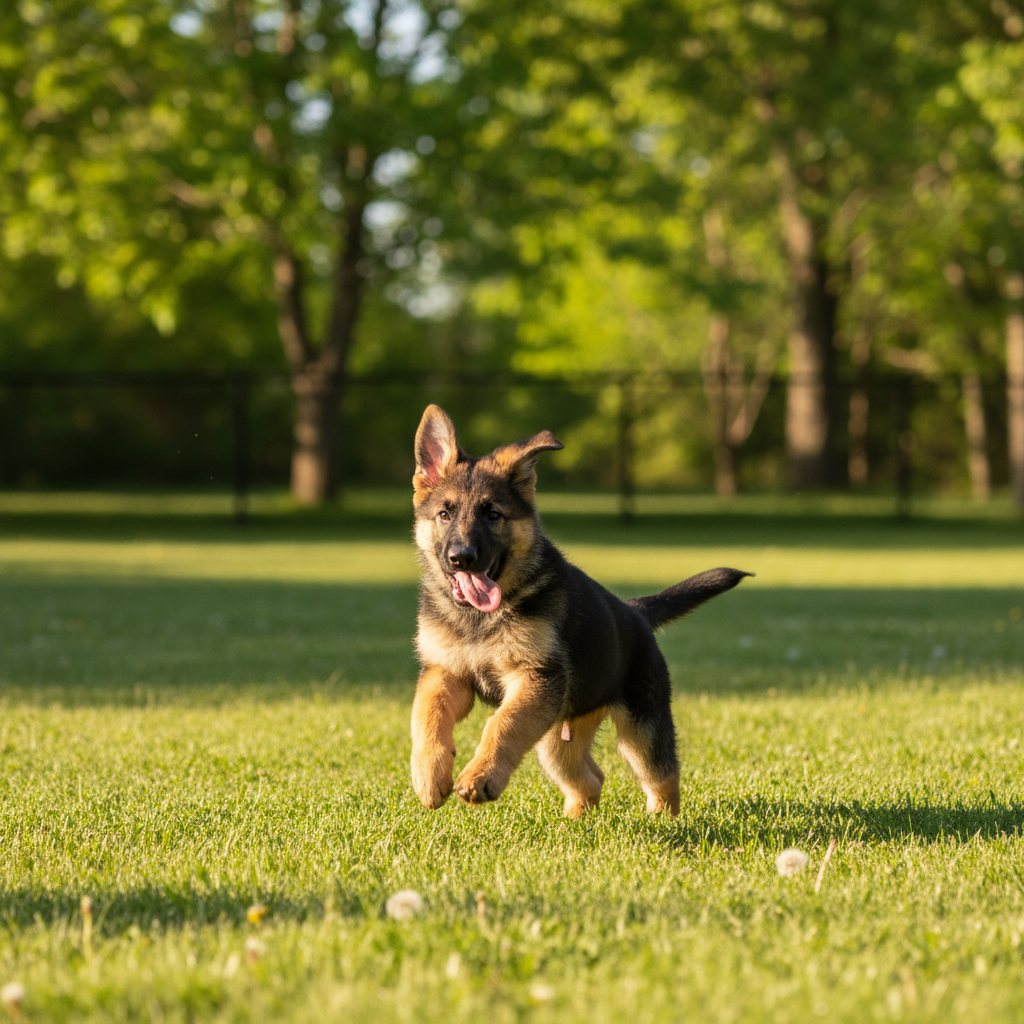 German Shepherd puppy mid-leap outdoors in backyard
