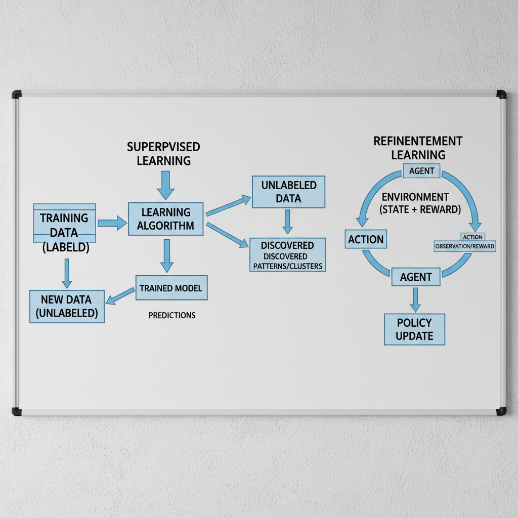 Three machine learning paradigms illustrated with data flow diagrams