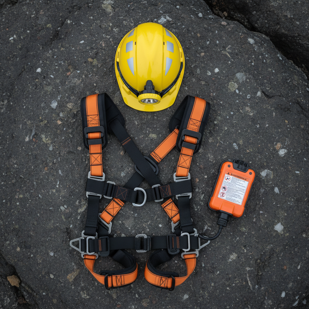 Mining safety equipment including hard hat helmet, safety harness, and self-rescuer device laid out on rock surface