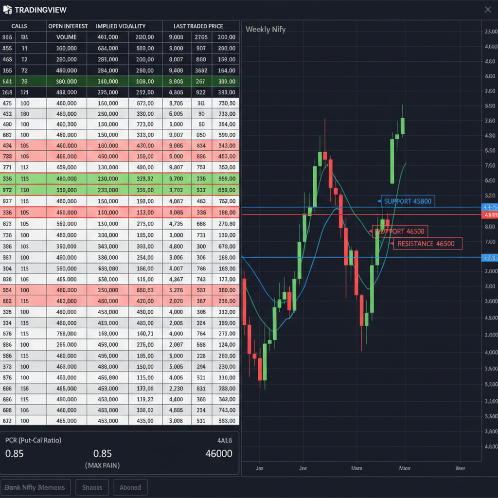 Bank Nifty options chain analysis on trading terminal with support resistance levels marked on weekly chart