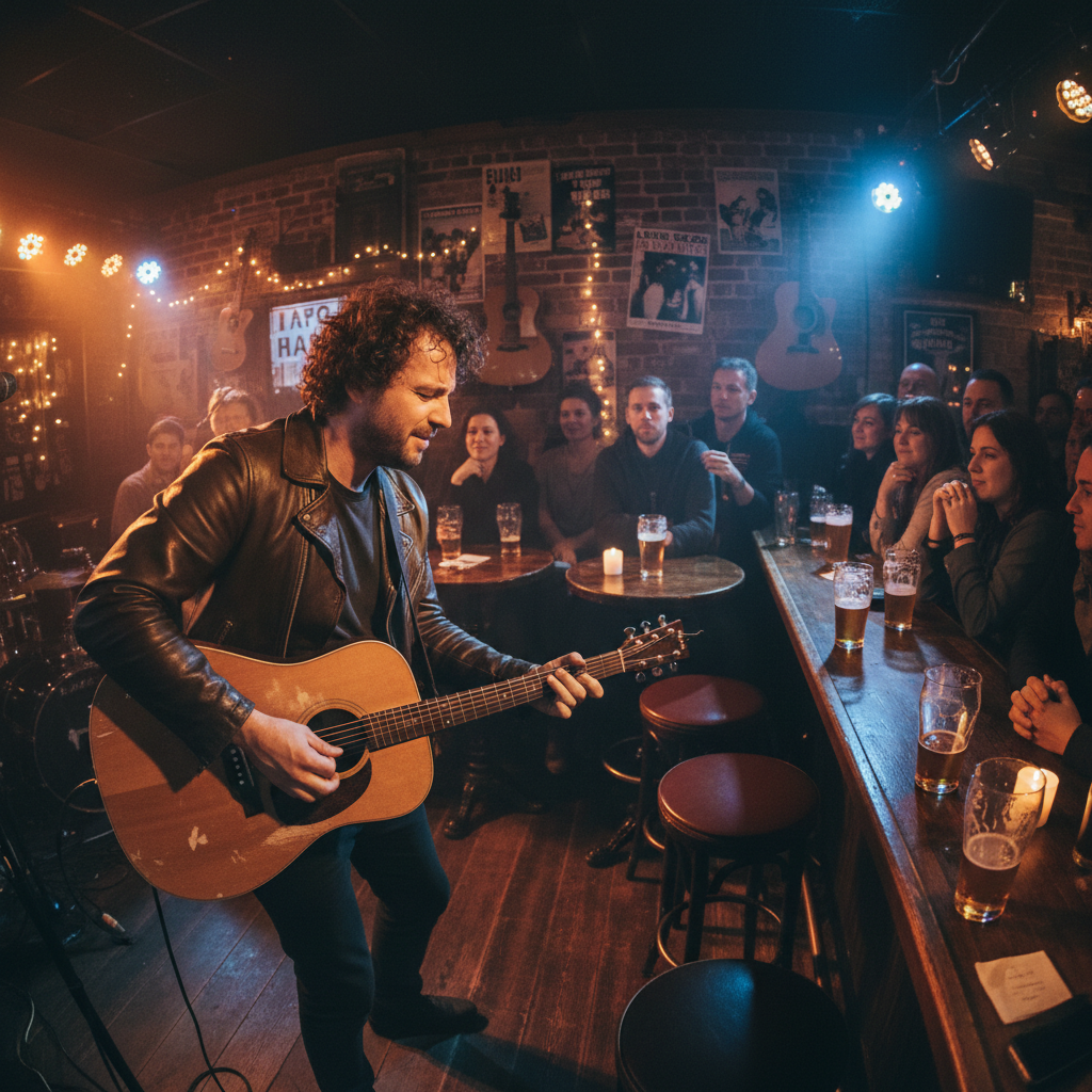 Live music performance on a small stage with warm stage lighting in a bar setting