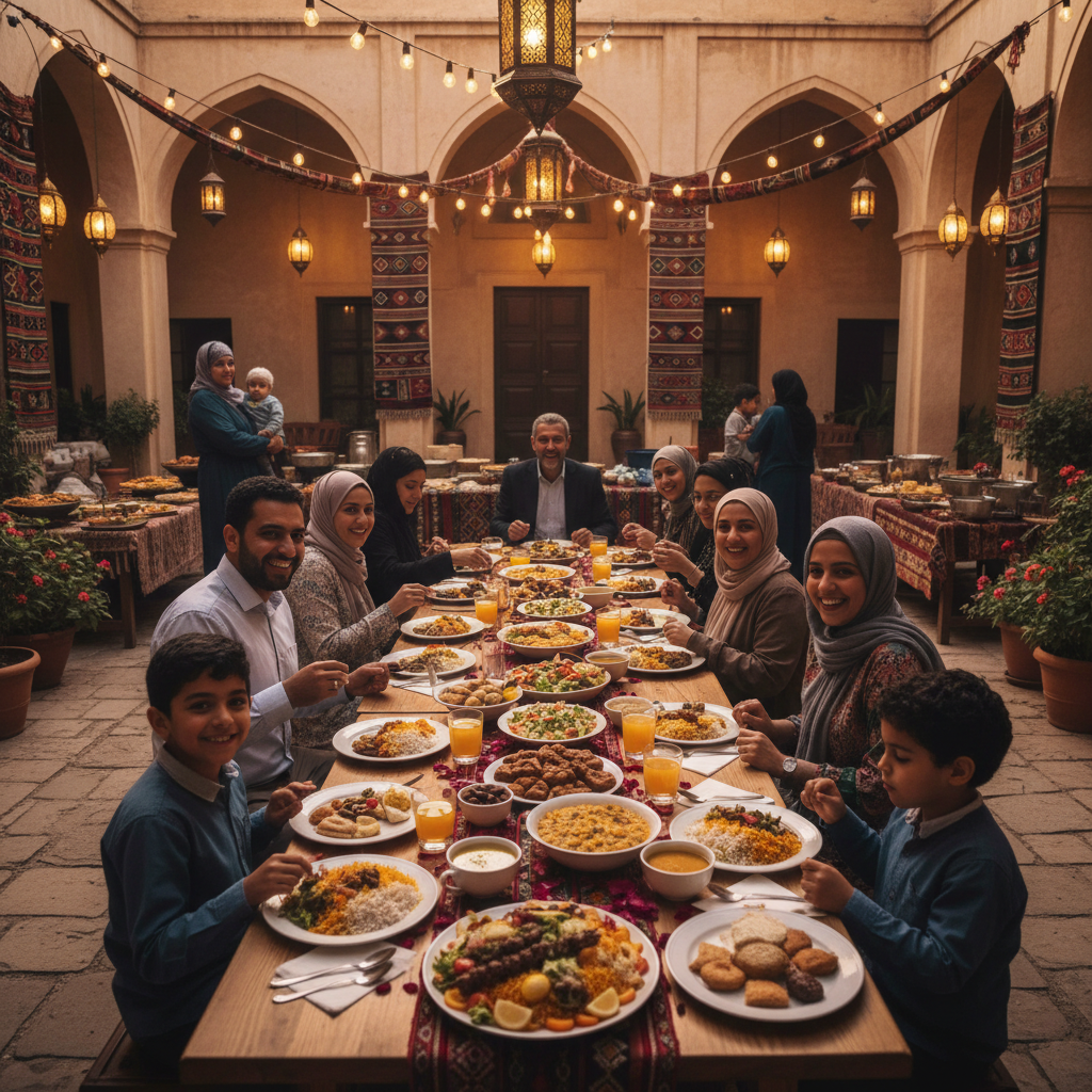 Multi-generational family gathered around iftar table with warm lantern light