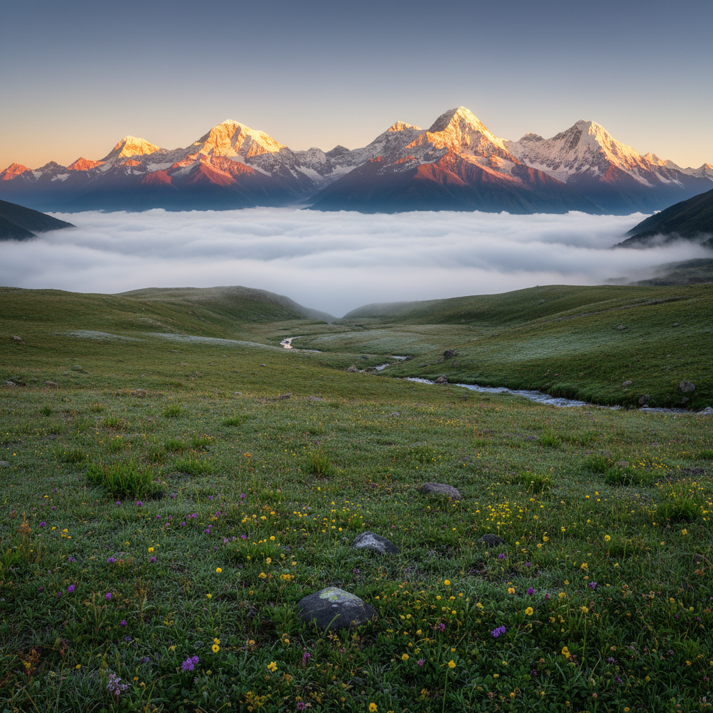 Snow-capped Himalayan peaks rising above clouds at dawn with alpine meadows in foreground